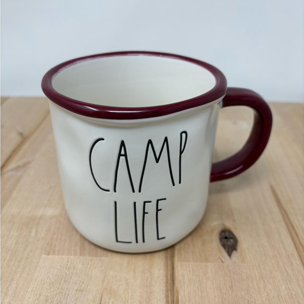 Rae Dunn CAMP LIFE Mug White with Maroon Trim and Handle Black Lettering New